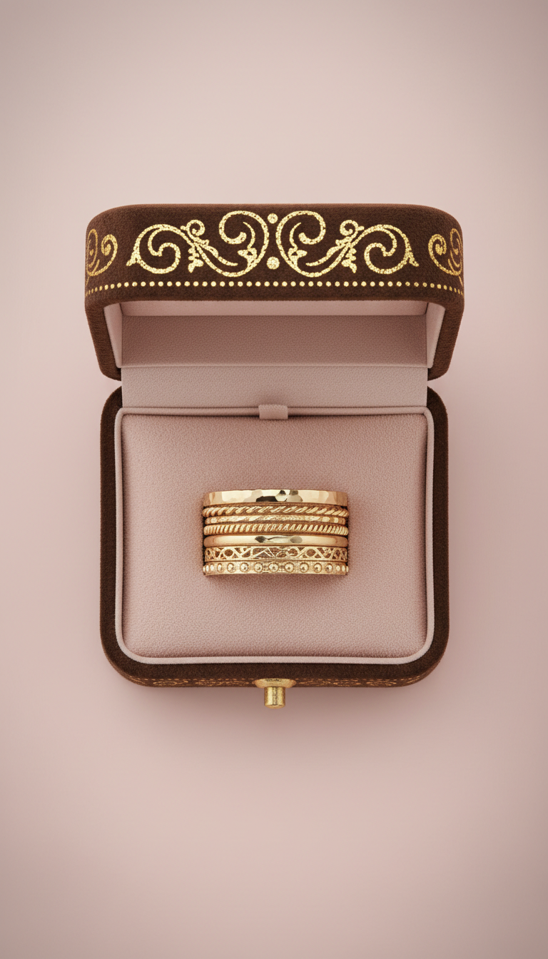 Set di anelli impilabili oro su pad in suede rosa