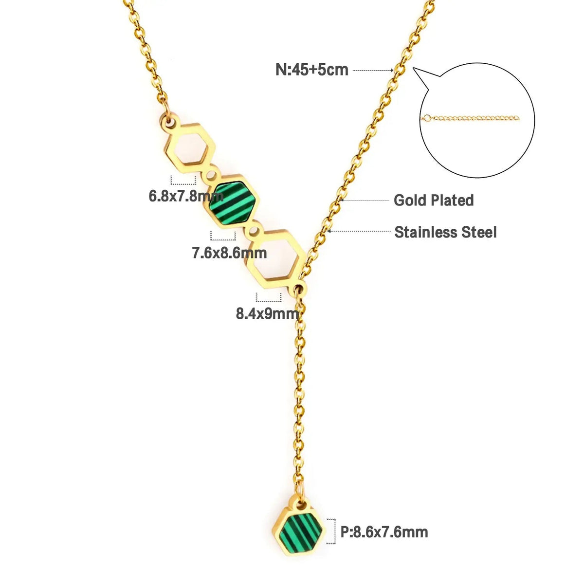 Collana dorata con pendenti esagonali verdi